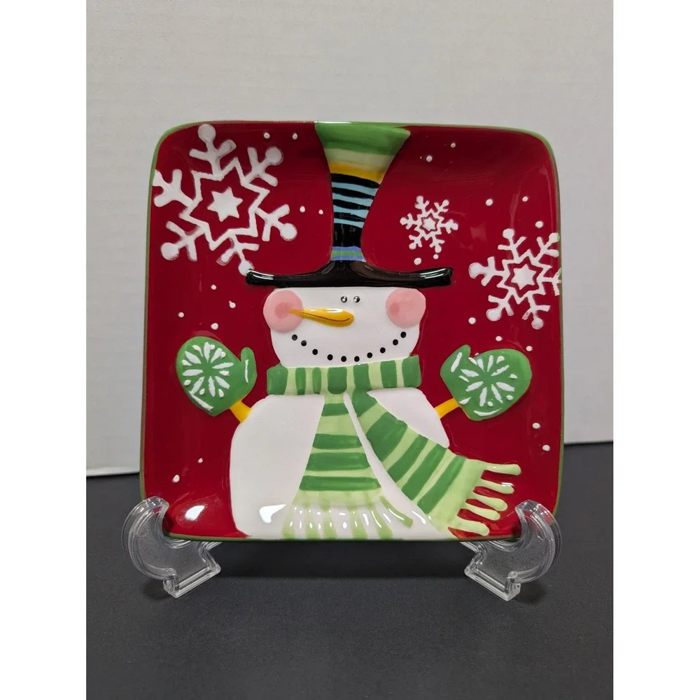 Pier 1 Imports Snowman Hand‎ Painted Dolomite Holiday Winter Snow Square Plate